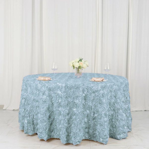 Rosette & Petals |  120″ Light Blue Seamless Grandiose 3D Rosette Satin Round Tablecloth for 5 Foot Table With Floor-Length Drop