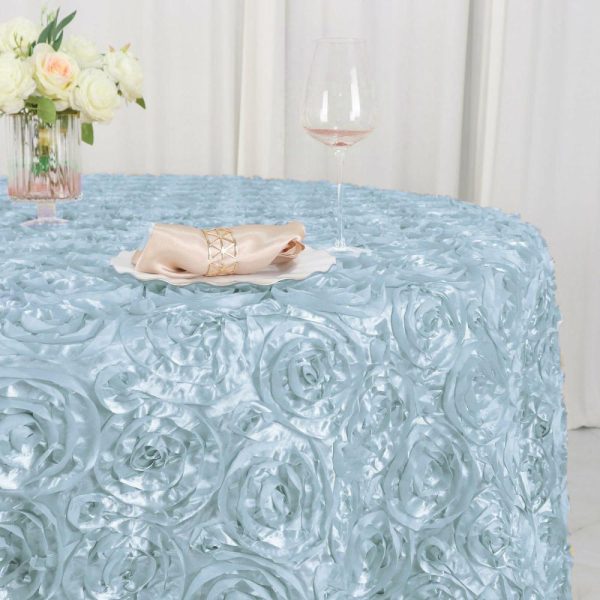 Rosette & Petals |  120″ Light Blue Seamless Grandiose 3D Rosette Satin Round Tablecloth for 5 Foot Table With Floor-Length Drop