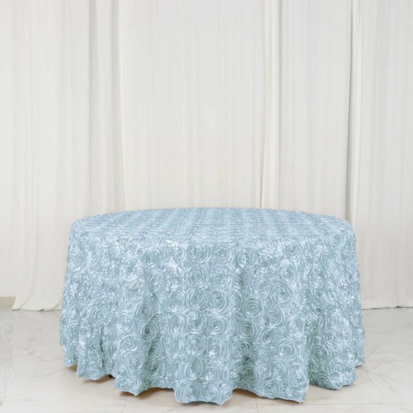 Rosette & Petals |  120″ Light Blue Seamless Grandiose 3D Rosette Satin Round Tablecloth for 5 Foot Table With Floor-Length Drop