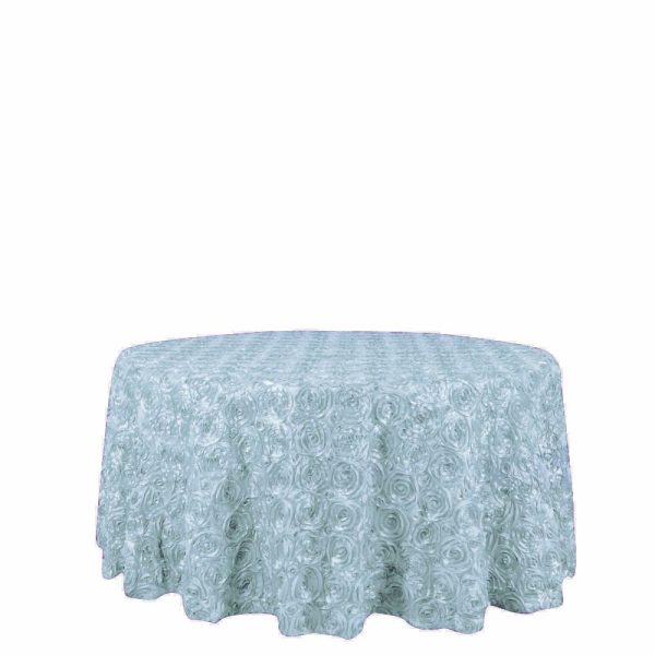 Rosette & Petals |  120″ Light Blue Seamless Grandiose 3D Rosette Satin Round Tablecloth for 5 Foot Table With Floor-Length Drop