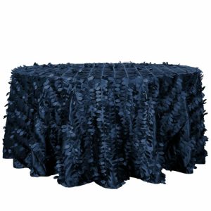 Rosette & Petals |  120″ Navy Blue 3D Leaf Petal Taffeta Fabric Seamless Round Tablecloth for 5 Foot Table With Floor-Length Drop