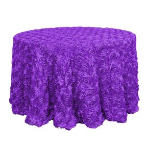 Rosette & Petals |  120″ Purple Seamless Grandiose 3D Rosette Satin Round Tablecloth for 5 Foot Table With Floor-Length Drop