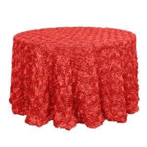 Rosette & Petals |  120″ Red Seamless Grandiose 3D Rosette Satin Round Tablecloth for 5 Foot Table With Floor-Length Drop