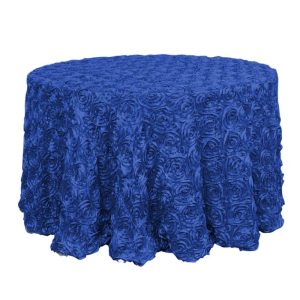 Rosette & Petals |  120″ Royal Blue Seamless Grandiose 3D Rosette Satin Round Tablecloth for 5 Foot Table With Floor-Length Drop