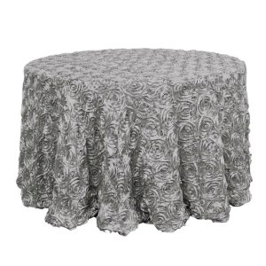 Rosette & Petals |  120″ Silver Seamless Grandiose 3D Rosette Satin Round Tablecloth for 5 Foot Table With Floor-Length Drop