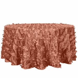 Rosette & Petals |  120″ Terracotta (Rust) 3D Leaf Petal Taffeta Fabric Seamless Round Tablecloth for 5 Foot Table With Floor-Length Drop