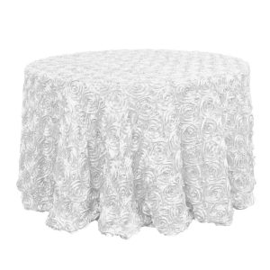 Rosette & Petals |  120″ White Seamless Grandiose 3D Rosette Satin Round Tablecloth for 5 Foot Table With Floor-Length Drop