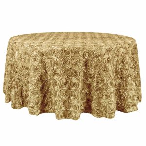 Rosette & Petals |  132″ Champagne Seamless Grandiose Rosette 3D Satin Round Tablecloth for 6 Foot Table With Floor-Length Drop