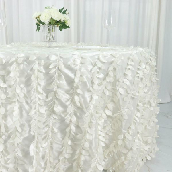 Rosette & Petals |  132″ Ivory Leaf Petal Taffeta Seamless Round Tablecloth for 6 Foot Table With Floor-Length Drop