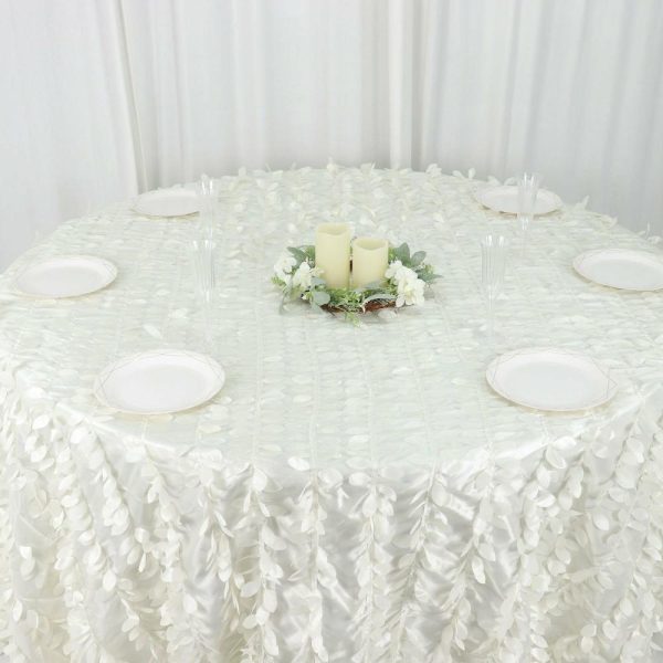 Rosette & Petals |  132″ Ivory Leaf Petal Taffeta Seamless Round Tablecloth for 6 Foot Table With Floor-Length Drop