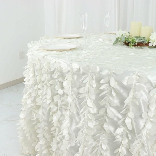 Rosette & Petals |  132″ Ivory Leaf Petal Taffeta Seamless Round Tablecloth for 6 Foot Table With Floor-Length Drop