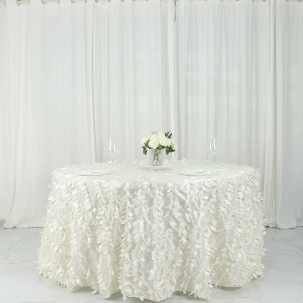 Rosette & Petals |  132″ Ivory Leaf Petal Taffeta Seamless Round Tablecloth for 6 Foot Table With Floor-Length Drop