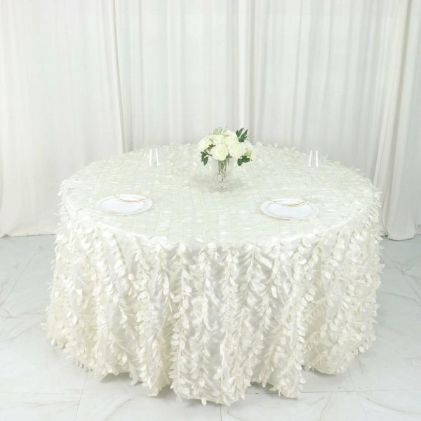 Rosette & Petals |  132″ Ivory Leaf Petal Taffeta Seamless Round Tablecloth for 6 Foot Table With Floor-Length Drop