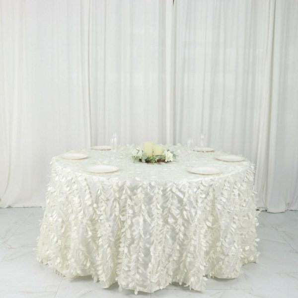 Rosette & Petals |  132″ Ivory Leaf Petal Taffeta Seamless Round Tablecloth for 6 Foot Table With Floor-Length Drop