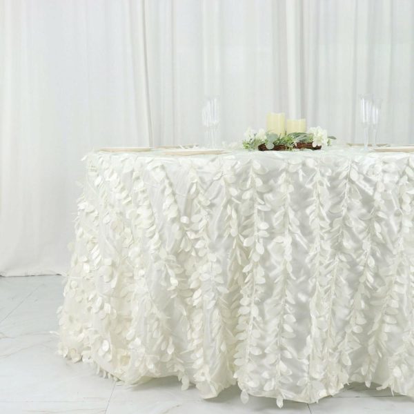 Rosette & Petals |  132″ Ivory Leaf Petal Taffeta Seamless Round Tablecloth for 6 Foot Table With Floor-Length Drop