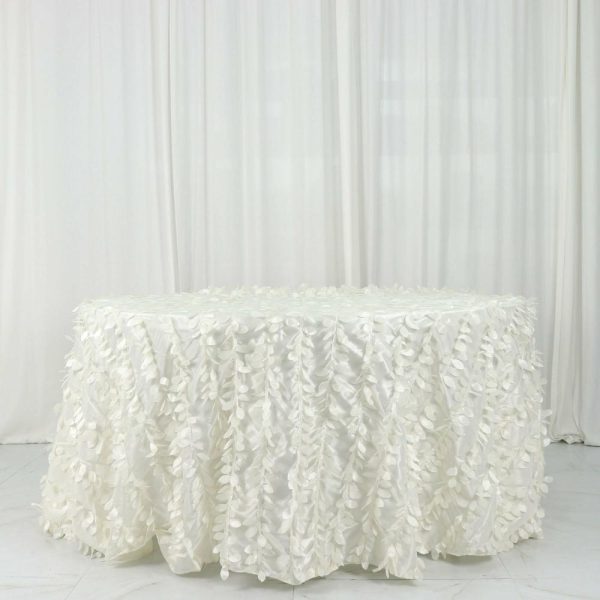 Rosette & Petals |  132″ Ivory Leaf Petal Taffeta Seamless Round Tablecloth for 6 Foot Table With Floor-Length Drop