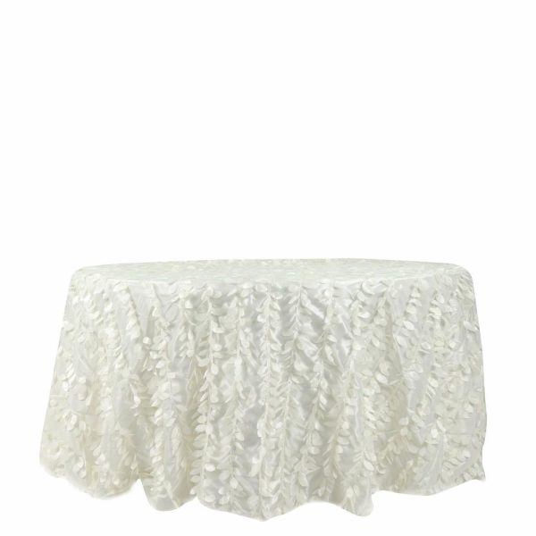 Rosette & Petals |  132″ Ivory Leaf Petal Taffeta Seamless Round Tablecloth for 6 Foot Table With Floor-Length Drop