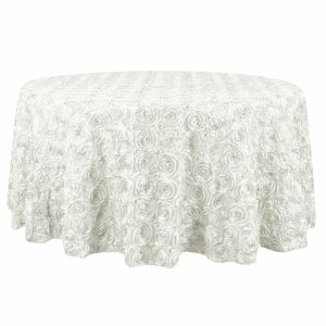 Rosette & Petals |  132″ Ivory Seamless Grandiose Rosette 3D Satin Round Tablecloth for 6 Foot Table With Floor-Length Drop