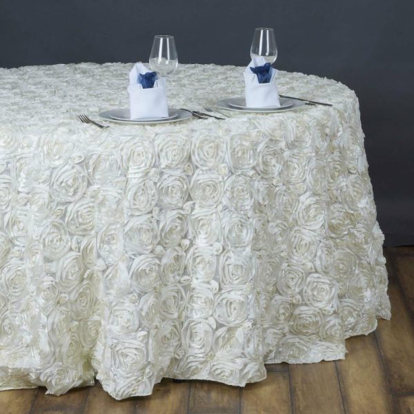 Rosette & Petals |  132″ Ivory Seamless Grandiose Rosette 3D Satin Round Tablecloth for 6 Foot Table With Floor-Length Drop