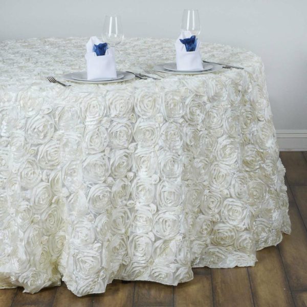 Rosette & Petals |  132″ Ivory Seamless Grandiose Rosette 3D Satin Round Tablecloth for 6 Foot Table With Floor-Length Drop