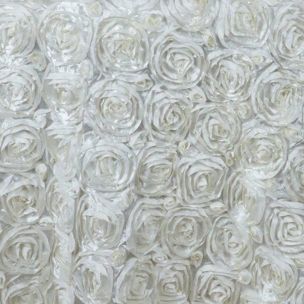 Rosette & Petals |  132″ Ivory Seamless Grandiose Rosette 3D Satin Round Tablecloth for 6 Foot Table With Floor-Length Drop