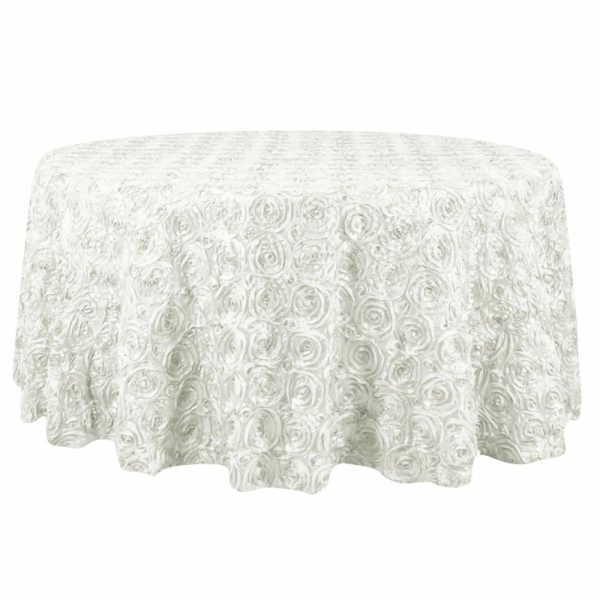 Rosette & Petals |  132″ Ivory Seamless Grandiose Rosette 3D Satin Round Tablecloth for 6 Foot Table With Floor-Length Drop