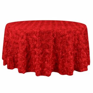 Rosette & Petals |  132″ Red Seamless Grandiose Rosette 3D Satin Round Tablecloth for 6 Foot Table With Floor-Length Drop