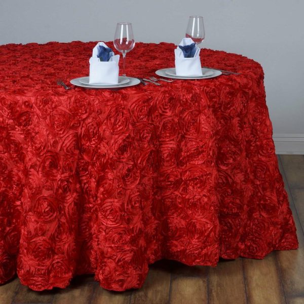 Rosette & Petals |  132″ Red Seamless Grandiose Rosette 3D Satin Round Tablecloth for 6 Foot Table With Floor-Length Drop