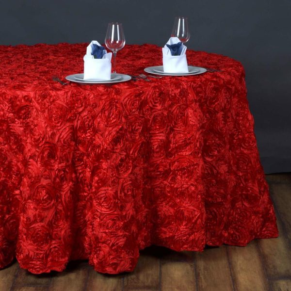 Rosette & Petals |  132″ Red Seamless Grandiose Rosette 3D Satin Round Tablecloth for 6 Foot Table With Floor-Length Drop