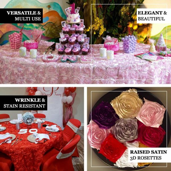 Rosette & Petals |  132″ Red Seamless Grandiose Rosette 3D Satin Round Tablecloth for 6 Foot Table With Floor-Length Drop