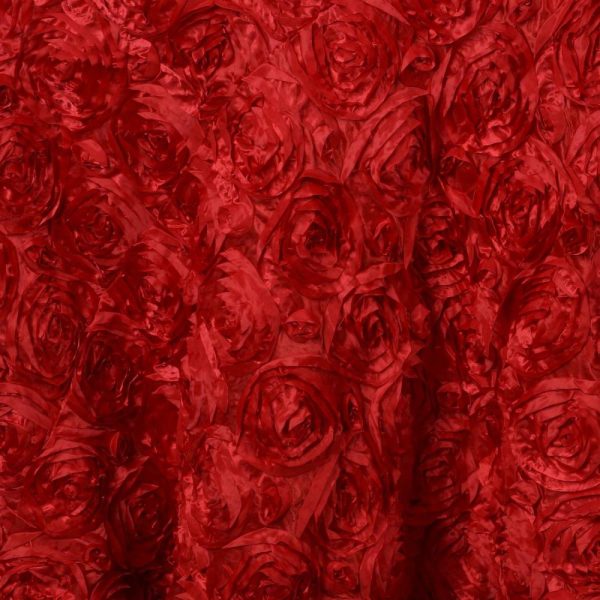 Rosette & Petals |  132″ Red Seamless Grandiose Rosette 3D Satin Round Tablecloth for 6 Foot Table With Floor-Length Drop