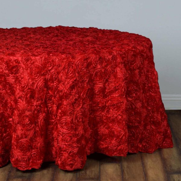 Rosette & Petals |  132″ Red Seamless Grandiose Rosette 3D Satin Round Tablecloth for 6 Foot Table With Floor-Length Drop