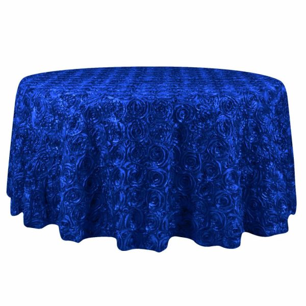 Rosette & Petals |  132″ Royal Blue Seamless Grandiose Rosette 3D Satin Round Tablecloth for 6 Foot Table With Floor-Length Drop