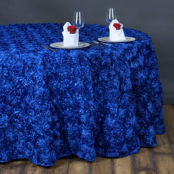 Rosette & Petals |  132″ Royal Blue Seamless Grandiose Rosette 3D Satin Round Tablecloth for 6 Foot Table With Floor-Length Drop