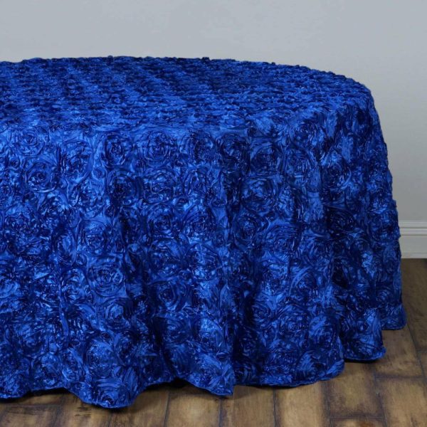 Rosette & Petals |  132″ Royal Blue Seamless Grandiose Rosette 3D Satin Round Tablecloth for 6 Foot Table With Floor-Length Drop