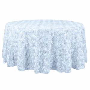 Rosette & Petals |  132″ White Seamless Grandiose Rosette 3D Satin Round Tablecloth for 6 Foot Table With Floor-Length Drop