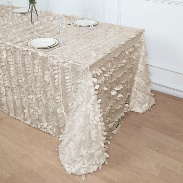 Rosette & Petals |  90″x132″ Beige 3D Leaf Petal Taffeta Fabric Seamless Rectangle Tablecloth for 6 Foot Table With Floor-Length Drop