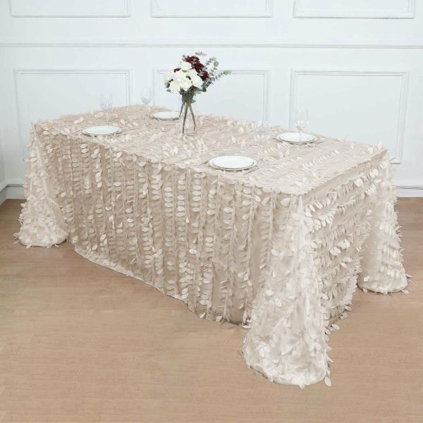 Rosette & Petals |  90″x132″ Beige 3D Leaf Petal Taffeta Fabric Seamless Rectangle Tablecloth for 6 Foot Table With Floor-Length Drop