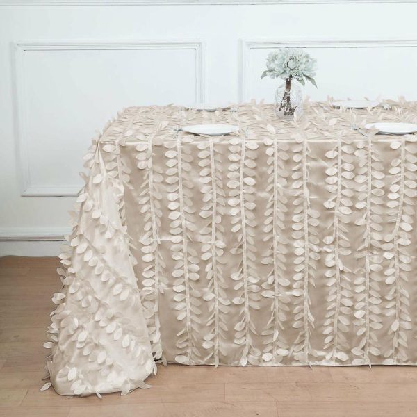 Rosette & Petals |  90″x132″ Beige 3D Leaf Petal Taffeta Fabric Seamless Rectangle Tablecloth for 6 Foot Table With Floor-Length Drop