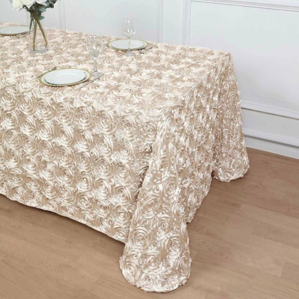 Rosette & Petals |  90″x132″ Beige Seamless Grandiose 3D Rosette Satin Rectangle Tablecloth for 6 Foot Table With Floor-Length Drop