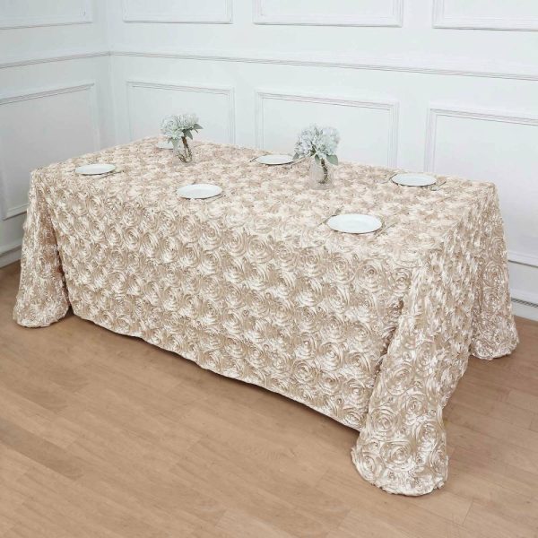 Rosette & Petals |  90″x132″ Beige Seamless Grandiose 3D Rosette Satin Rectangle Tablecloth for 6 Foot Table With Floor-Length Drop