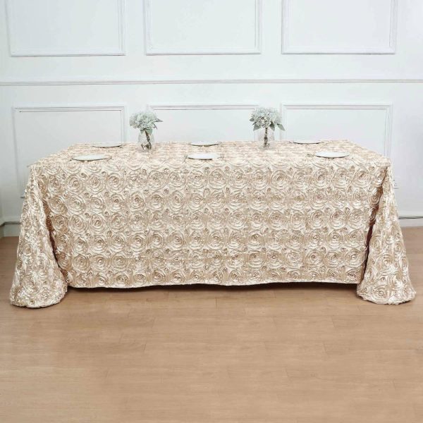 Rosette & Petals |  90″x132″ Beige Seamless Grandiose 3D Rosette Satin Rectangle Tablecloth for 6 Foot Table With Floor-Length Drop