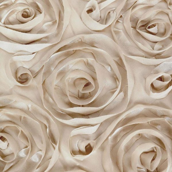 Rosette & Petals |  90″x132″ Beige Seamless Grandiose 3D Rosette Satin Rectangle Tablecloth for 6 Foot Table With Floor-Length Drop