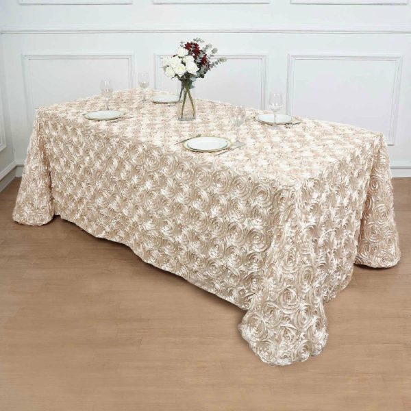 Rosette & Petals |  90″x132″ Beige Seamless Grandiose 3D Rosette Satin Rectangle Tablecloth for 6 Foot Table With Floor-Length Drop