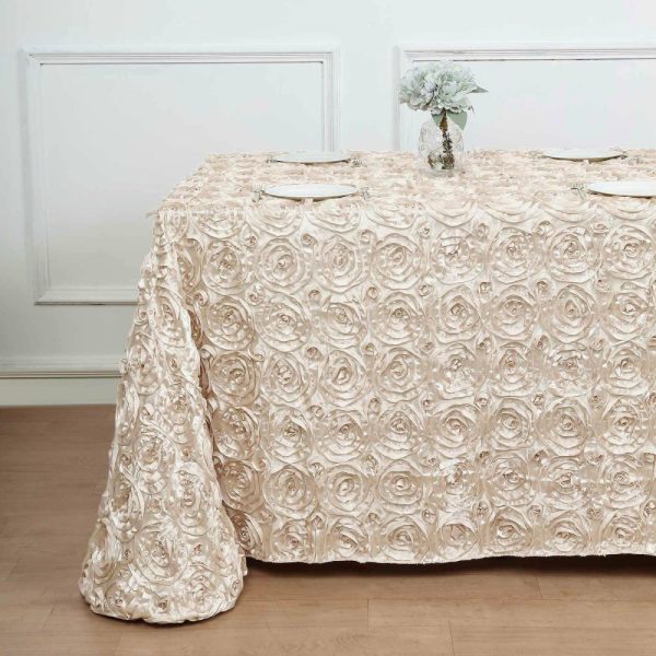 Rosette & Petals |  90″x132″ Beige Seamless Grandiose 3D Rosette Satin Rectangle Tablecloth for 6 Foot Table With Floor-Length Drop