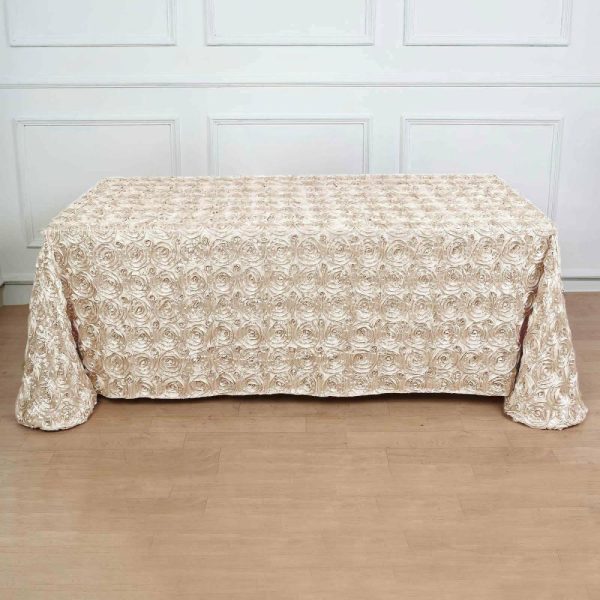 Rosette & Petals |  90″x132″ Beige Seamless Grandiose 3D Rosette Satin Rectangle Tablecloth for 6 Foot Table With Floor-Length Drop