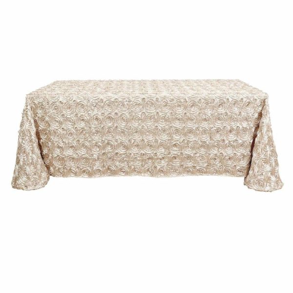 Rosette & Petals |  90″x132″ Beige Seamless Grandiose 3D Rosette Satin Rectangle Tablecloth for 6 Foot Table With Floor-Length Drop