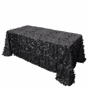 Rosette & Petals |  90″x132″ Black 3D Leaf Petal Taffeta Fabric Seamless Rectangle Tablecloth for 6 Foot Table With Floor-Length Drop