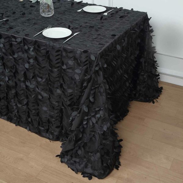 Rosette & Petals |  90″x132″ Black 3D Leaf Petal Taffeta Fabric Seamless Rectangle Tablecloth for 6 Foot Table With Floor-Length Drop