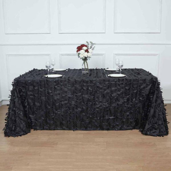 Rosette & Petals |  90″x132″ Black 3D Leaf Petal Taffeta Fabric Seamless Rectangle Tablecloth for 6 Foot Table With Floor-Length Drop